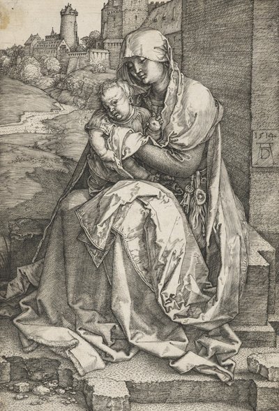 Die Jungfrau sitzt an einer Mauer von Albrecht Dürer